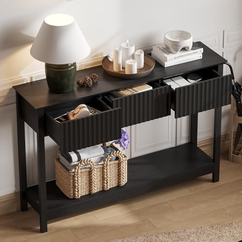 Treocho 47" Fluted Console Table with 3 Drawers, Narrow Long Entryway Table with Storage and Shelf, 2-Tier Sofa Table Behind Couch Accent Tables for Entrance Foyer, Hallway, Living Room, Black - color: Black
