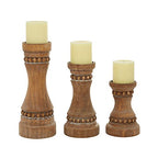 Deco 79 Wood Beaded Pillar Candle Holder, Set of 3 12", 9", 7"H, Brown - color: Brown, size: S/3 12", 9", 7"H