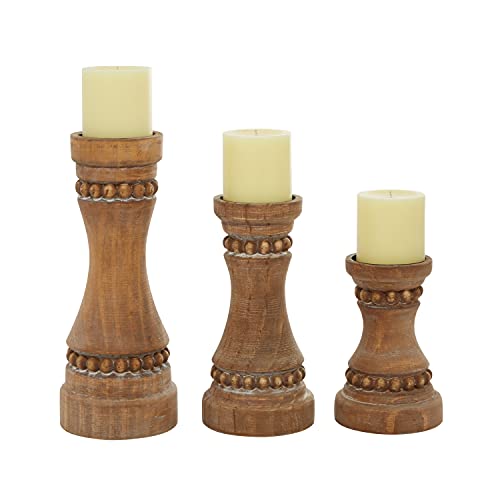 Deco 79 Wood Beaded Pillar Candle Holder, Set of 3 12", 9", 7"H, Brown - color: Brown, size: S/3 12", 9", 7"H