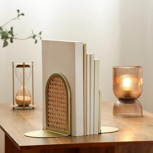 Home Decor Series Gold Natural Rattan Tabletop Bookends - Non-Skid Book Organizer for Home Office Shelf Bedroom Library Decor
