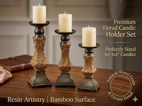 Ornate Resin Pillar Candle Holders Set of 3 Baroque Gothic Decorative Candlesticks in Black & Gold (8", 10", 12") for Home Decor, Weddings & Centerpieces