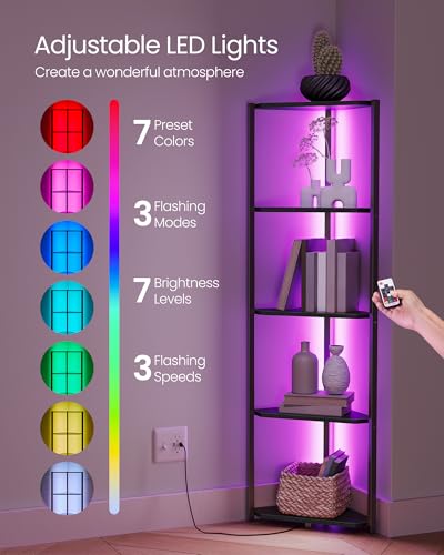 VASAGLE Corner Shelf Stand with LED Lights, 5-Tier Corner Bookshelf, Storage Shelf with Steel Frame, 9.8 x 18.9 x 57.7 Inches, for Living Room, Bedroom, Study, Ebony Black ULBC590B01 - color: Ebony Black