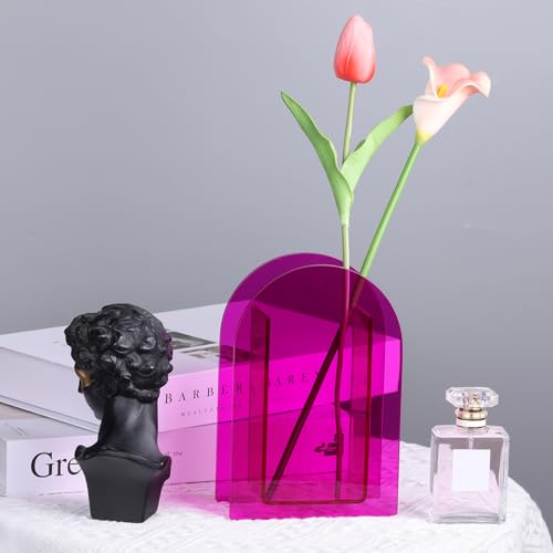 Hot Pink Acrylic Vase, Modern Acrylic Geometric Wide Mouth Small vase, Hot Pink Flower Vase for centerpieces Desk Flower Bud vase, for Living Room Table, Office, Wedding - color: Dd