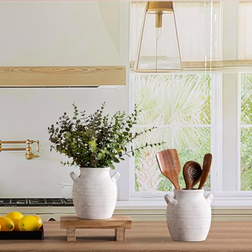 Vanselia Ceramic Flower Vase Home Decor - Farmhouse Table Vases with Handle Living Room Decoration Vintage Decorative Aesthetic for Shelf Coffee Dining Desk House Bookshelf Fireplace (7.1" Rustic) - color: 7.1" Rustic