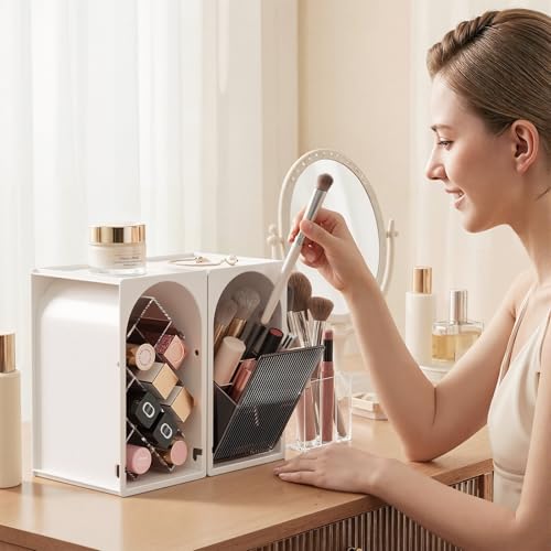 INVSSENE Stackable Makeup Organizer Countertop, Storage Perfume Skincare Cosmetic Lipstick Face Mask Makeup Brush Palettes, Ideal for Vanity Bathroom Counter - color: 3513 White+Coffee