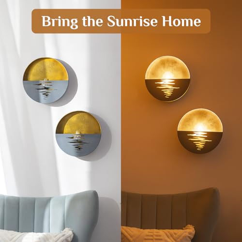 Gold Wall Sconces Set of Two: Flameless Candle Sconces Night Light for Indoor Livingroom Bedroom - Metal Sunrise Decor Wall Candle Holder with Tealight for Hallway