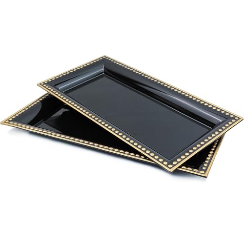 2 Pack Black Bathroom Vanity Tray for Countertop with Beads, Small Plastic Toilet Tank Versatile Storage Organization Tray for Makeup, Perfume, Desk, Kitchen, Candles, 14"x7"x1", 36B - color: 17black