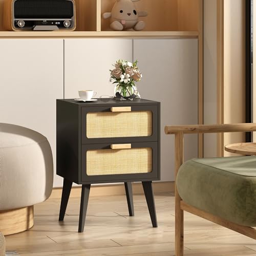 YAUKOMEL Black Nightstand, Wood End Table, Side Table with 2 Hand Made Rattan Decorated Drawers,Boho Bedside Table,Wood Accent Table with Storage for Livingroom, Bedroom, Black CTG59B - color: Black, style: Rattan Style