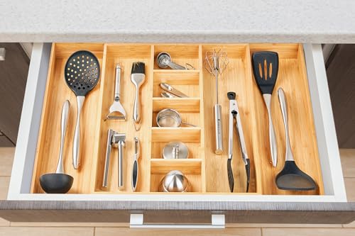Umilife Extra Large Expandable Kitchen Drawer Organizer for Utensil and Junk, 19" Deep for Big Drawer, 17" to 28" Adjustable Bamboo Wood Drawer Divider, Cutlery Tray, Flatware Holder - style: For Utensil (17"~28" x 19")