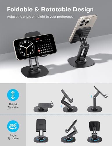 OMOTON Cell Phone Stand for Desk, 2 Pack Adjustable Foldable Phone Holder, 360 Swivel Mobile Stand Fit for iPhone 17 16 15 14 13 Pro Max and All Smart Phones, Black & Black - color: Black & Black