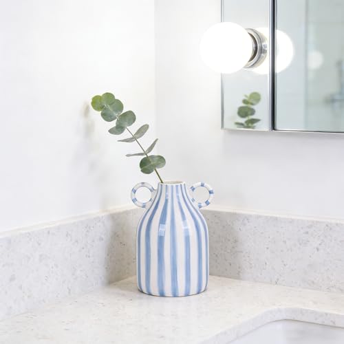 Ceramic Blue and White Striped Vase with Handle, Modern Minimalist Coastal Decor Home for Centerpieces for Tables, Kitchen Office, Bookshelf, Bedroom Aesthetic Decor (A) - color: Blue White