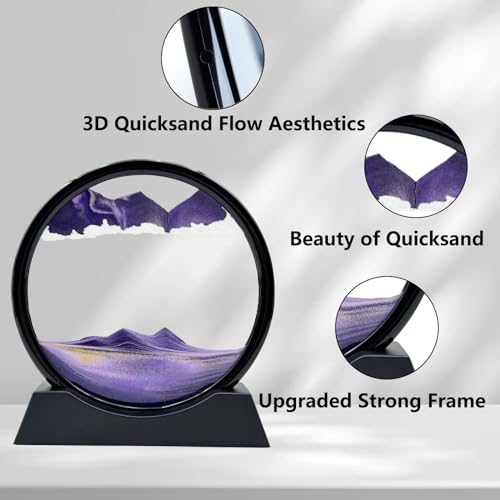 AzureLeap Moving Sand Art Liquid Motion, 3D Deep Sea Sandscape Color Quicksand Decor, Round Glass Moving Sand Art Picture Relaxing Desktop Home Office Work Decor (7 inch-Purple) - color: Purple, size: 7 inch