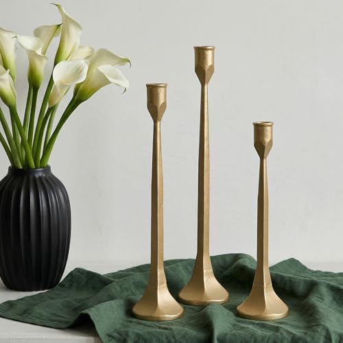 Gold Iron Taper Pillar Candle Holders Set of 3, Candlestick Holders Rustic Vintage Decorations, Tall Candle Stand for Home Decor Mantle Dining Coffee Table Outdoor Wedding-11.8"+13.8"+15.4" - color: Gold