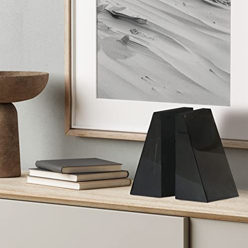 Ottimo Premium Polished Stone Marble 6" Book Ends for Bookshelf Decor, Home, Office or Kitchen Shelves. Heavy, Triangular, and Decorative Book Stopper with Anti-Slip Pads, Great Gift Idea (Black) - color: Midnight Black