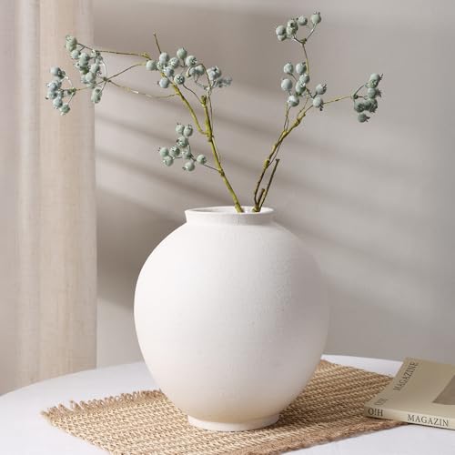 Starttag Large White Ceramic Vase, 9.8 inch Rustic Farmhouse Flowers Vase for Home Decor, Sandstone Texture Round Pottery Tall Vase Indoor for Table Living Room Decor - color: White