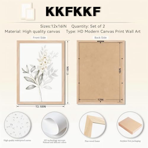 Framed Botanical Wall Art Set of 2 Minimalist Floral Canvas Prints with Solid Wood Frame & Acrylic Cover, Neutral Green Nature Watercolor Leaf Boho Plan Paintings for Living Room Bedroom Home Decor 12x16IN - color: White Floral Framed, size: 16"L x 12"W