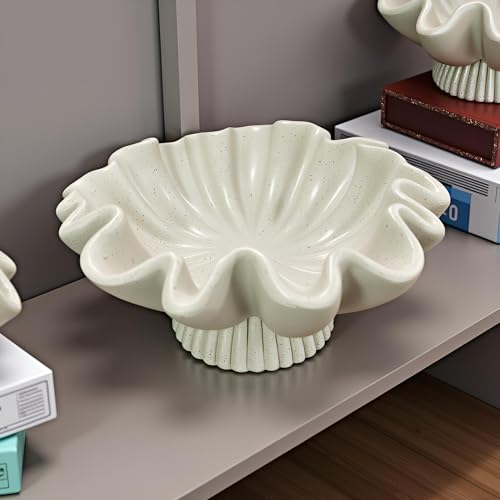 10" Large Handmade Decorative Bowl decor, Handicraft Scalloped Bowls for Modern Home Decor,Ruffle Decor,Key Bowl for Entry Table,Decorative Fruit Bowl for Kitchen Counter,Light Gray - color: Light Gray-With base, size: 10inch