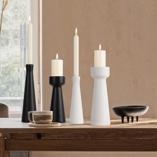 Candle Holders Ceramic White Taper S&L Set of 2 Matte Stylish Decorative Candlestick Holders for Home Decor Dinning Wedding Party Aromatherapy Votive (CH7585W)