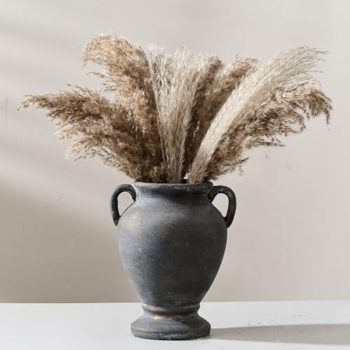 PORCER Ceramic Rustic Flower Vase with Handles, 8.36 Inch Tall Vintage Pottery Home Decor, Farmhouse Terracotta Vase for Living Room, Table, Shelf, Mantel Decoration, Farmhouse- Black Bronze - color: Black Bronze- 8.36"