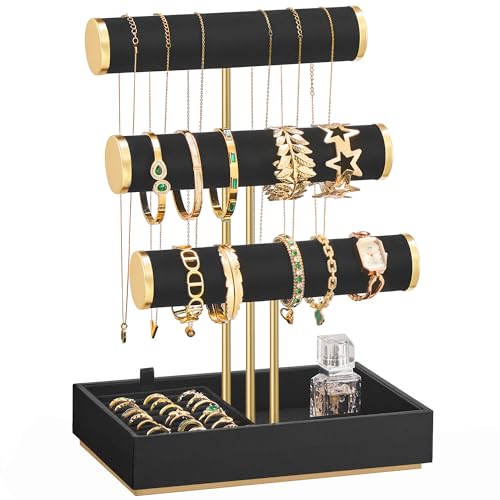 SONGMICS Bracelet Holder Stand, Jewelry Display Stand, Jewelry Organizer, with 3 Tiers and Velvet Tray, Removable Ring Holder, Ink Black UJJS027B01 - color: Ink Black
