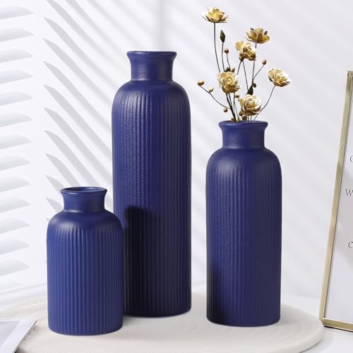 Small Navy Blue Ceramic Vase Set of 3, Boho Modern Navy Blue Flower Vase Room Decor, Farmhouse Decor, Vases for Your Kitchen, Bathroom, Bedroom, Living Room, Office&Shelf Centerpiece Table Decorations - color: Navy Blue