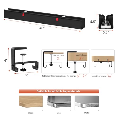 Univivi No Drill Under Desk Cable Management Tray, 48" Cord Organizer for Table, Clamp/Screw Mount Desk Cable Management, Premium Fabric Cable Management Tray for Office, Home (Extra Large) - color: Black, size: 48"L x 5.5"W