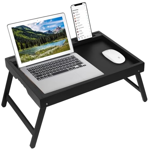 Bed Tray Table with Handles Folding Legs,Bamboo Breakfast Food Tray with Media Slot,Use As Platter,Laptop Desk,Snack,TV Tray Kitchen Serving Tray Black Large - color: Black, size: Large