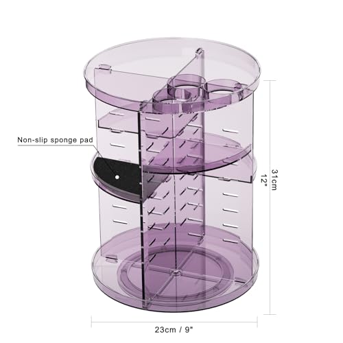 Rotating Makeup Organizer for Vanity, DIY Adjustable Tray Spinning Skincare Organizers Countertop, Cosmetic Display Case with Perfume Tray Brush Holder, Bathroom Desk Corner Storage Carousel Rack - color: Clear Purple