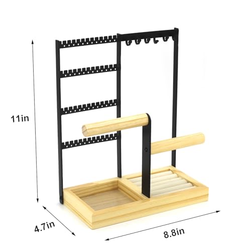 Jewelry Holder Organizer Jewelry Stand, 4-Tier Necklace Stand Earring Holder with Wooden Tray, Jewelry Rack for Bracelets Watches and Rings Display Stand, Gifts for Women & Girls-Black - color: Black