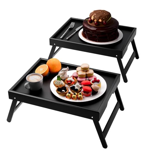 Fibogollo 2 Pack Bamboo Bed Tray Table with Folding Legs,Breakfast Trays,Serving Tray for Food and Snack,Laptop Trays for Working(Black) - color: Black, size: 2 PC