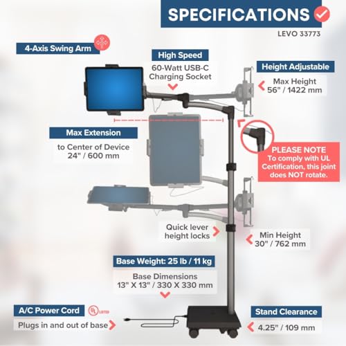 LEVO G2 Commercial Sturdy Egonomic Tablet Rolling Cart Stand with 60 Watt USB-C Charging Port for Most iPad Pro, Surface Pro, Amazon, Samsung, Kindle Touchscreens and More.