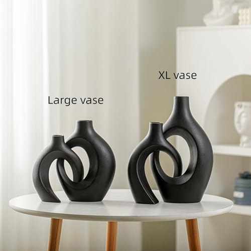 Lvases Snuggle Hollow Modern Ceramic Vase Set of 2, Mid Century Nordic Aesthetic Decorative Vase Decorative Vases for Home Table Decor (Matte Black W 6.8" X H 11") - color: Extra Large Matte Black