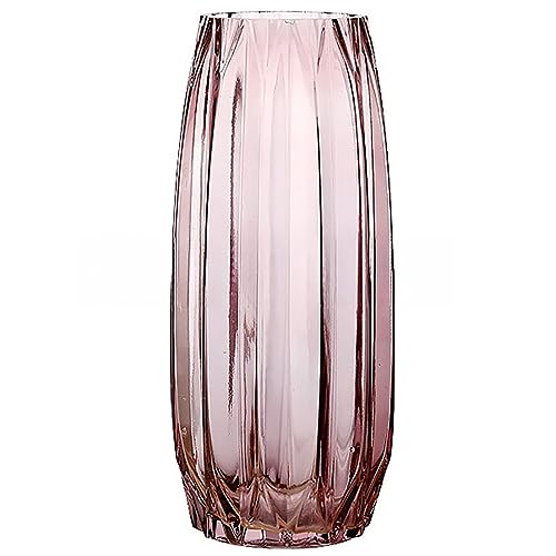 Lucky Bird Purple Pink Ribbed Glass Vase for Flowers and Candles - Modern Centerpiece (H12.0 inch) - color: Pink, size: H-11.8inch