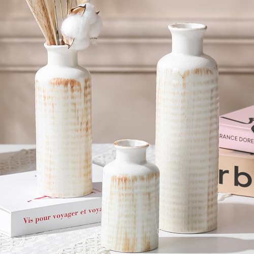 White Ceramic Vase Set of 3, Farmhouse Decor, Home Decorative Vase, Vases for Your Kitchen, Bedroom, Office, Living Room, Bathroom, & Shelf Centerpiece Table Decorations