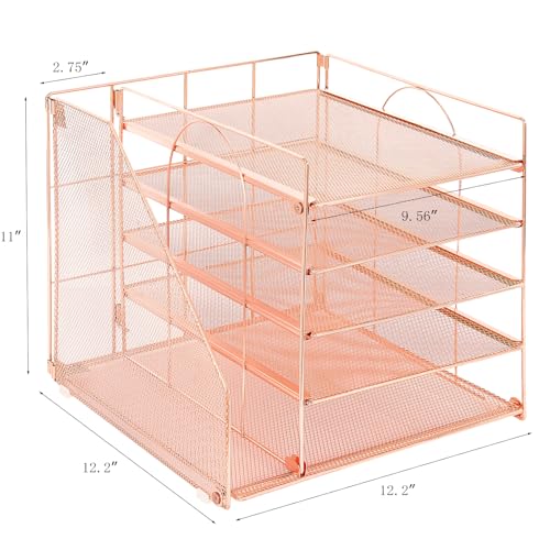 LEKETREE Desk Organizers and Accessories, 5-Tier Paper Letter Tray Organizer with File Holder, Desktop Organizer for Office Supplies (Rose Gold) - color: Rose Gold, size: 12" x 12" x 12"