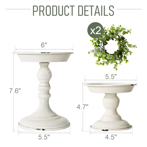 Rustic Iron Pillar Candle Holder: White Farmhouse Candle Holder with Greenery Wreaths Set of 2, Elegant Large Candle sticksholder Decor for Wedding, Coffee Table Centerpieces, Living Room, Home Decor