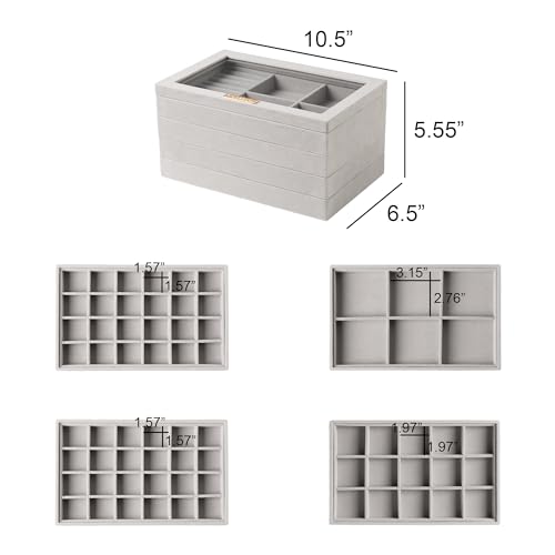 Frebeauty Earring Holder Stackable Jewelry Trays,Velvet Drawer Jewelry Organizer with Glass Lid, 5 in 1 Jewelry Box for Earrings Rings Studs,10.5 x 6.5 x 5.55 Inches Gift for Women (Grey) - color: Grey, size: Set5-B