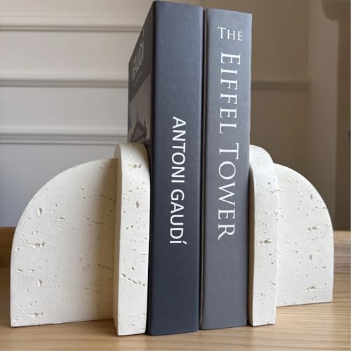 Concrete Bookends Decorative for Heavy Books - Travertine-Inspired Texture, Non-Slip Base, Soft Beige Decorative Bookends for Shelves, Minimalist Home Office Decor