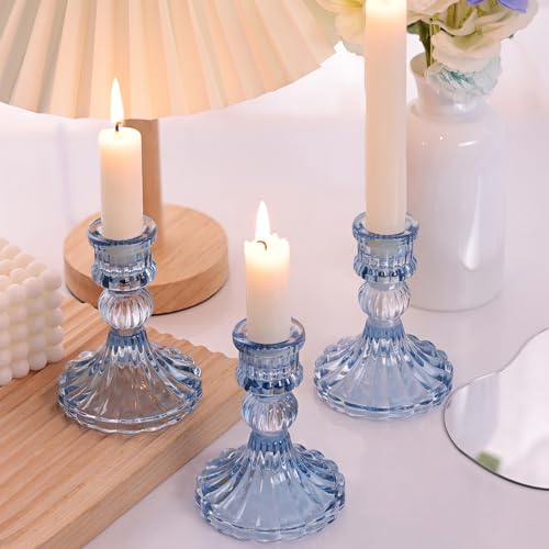 DARJEN 12PCS Blue Candlestick Holders Set- 4" H Taper Candle Holders, Glass Candle Holders Bulk for Wedding, Party, Home Table Centerpieces, Festival Gifts & Windowsill Decor - color: Blue Striped Pattern