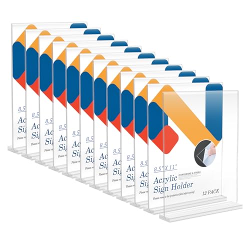 Relx 12 Pack Acrylic Sign Holder 8.5 x 11, Vertical T Shape Plastic Sign Holder with Base, Double-Sided Clear Tabletop Plexiglass Flyer Stands for Restaurant Office Store Home Picture Frame Display - color: 12pack