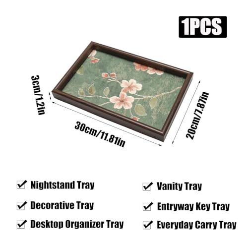 Wooden Valet Tray with Floral Base, EDC Catch All Tray Nightstand Entryway Table Vanity Organizer 11.8x7.9, Green Vintage Blossoms - color: Green Blossoms