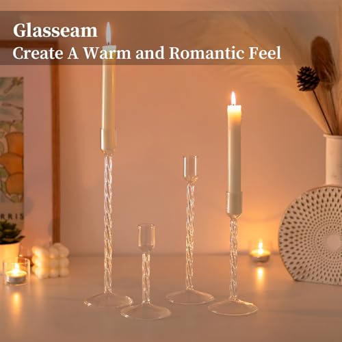 Glasseam Glass Candlestick Holders Clear: Taper Candle Holders Set of 4 Tall Candle Stick Candle Holder for Tapered Candles Decorative Candle Holders for Table Centerpiece Wedding Christmas Home Decor - color: Clear