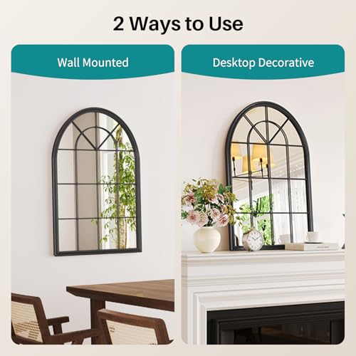 Arched Black Wall Mirror - 24"x36" Arch Window Pane Mirror for Wall Decor, Black Framed Wall Decorative Mirrors for Entryway, Living Room, Dining Room, Bedroom, Fireplace - color: Black 01- Window Pane