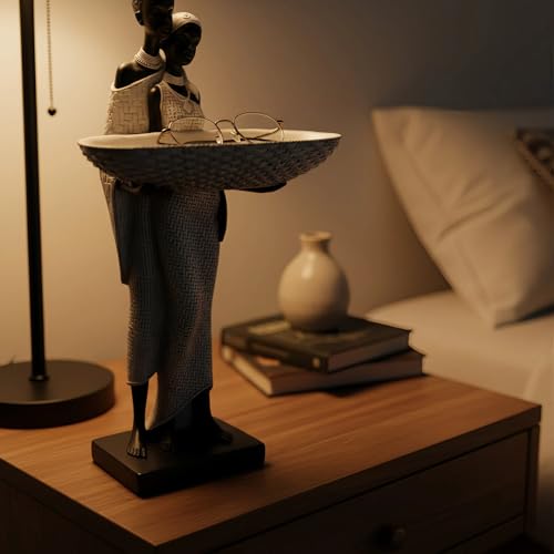 Lescafita Ivory White African Couple Statue - Minimalist Standing Figure with 7.8" Basket, Resin Home Decor for Small Items, Neutral Shelf Accent (12.5" H) - color: 310-white