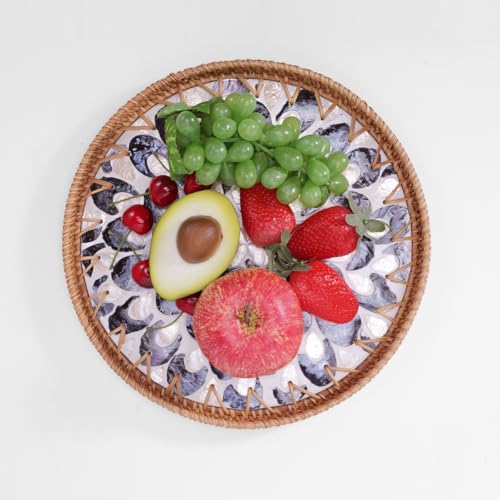 Shellac Rattan Tray with Mother of Pearl Inlay, Round Decorative Serving Tray for Home Décor Coffee Table Storage and Display, 100% Natural Materials - Ottoman Tray Black 12" - color: Black, size: 12"