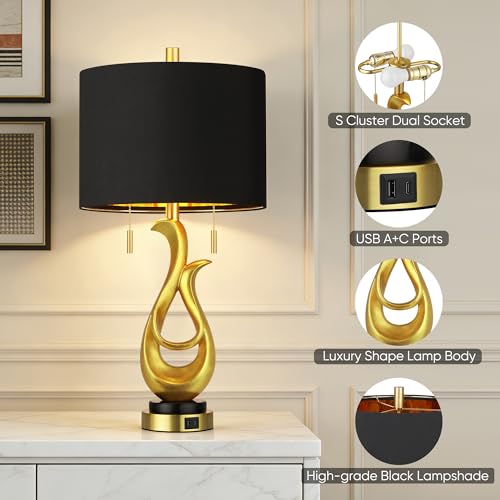 Modern Luxury Table Lamps, Gold Sculptural Bedside Lamps, Gold Leaf Finish Nightstand Lamps, 26'' Table Lamp with S Cluster Pull Chain Switch for Bedroom, Desk Lamp with USB Ports, 4 Bulbs Included