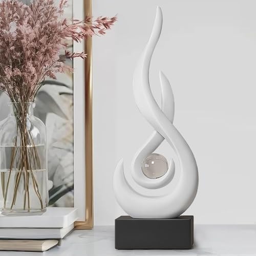 Modern Flame Sculpture Decor Flame Statue with Glass Ball Resin Abstract Art Figurines Centerpiece for Home Living Room Stand Coffee Table Office Decor (Medium White) - color: Medium White