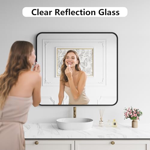 Koonmi Bathroom Mirror, 36X40 Brushed Black Rectangle Wall Mirror, HD Tempered Glass, Anti-Rust Frame Vanity Mirror, Rounded Rectangle Mirror for Restroom, Bedroom, Hangs Horizontal or Vertical - color: Rounded Edged, size: 40"L x 36"W