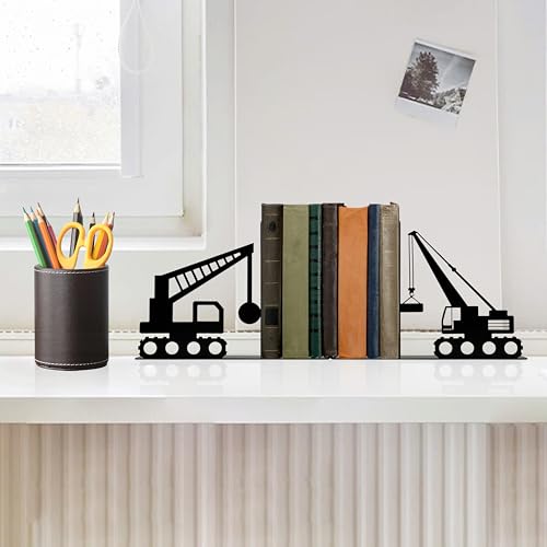 Construction Truck Decorative Bookends for Boys Room - Durable and Cute Design, Perfect for Nursery and Kids' Book Ends（Crane） - color: Black Crane