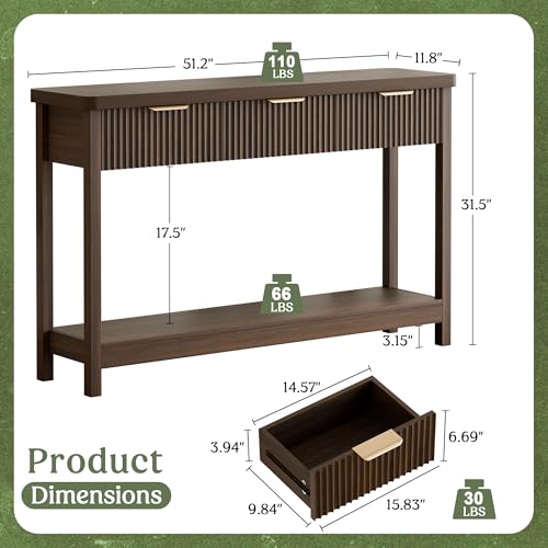 Lulive 51" Fluted Console Table for Entryway, Entryway Table with 3 Wooden Drawers, Farmhouse Behind Sofa Table for Living Room, Hallway, Couch, Foyer - color: Walnut